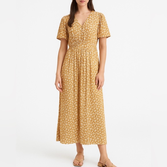 Bec & Bridge 100% cotton balloon sleeve tan floral button front midi dress EUC - Picture 1 of 15